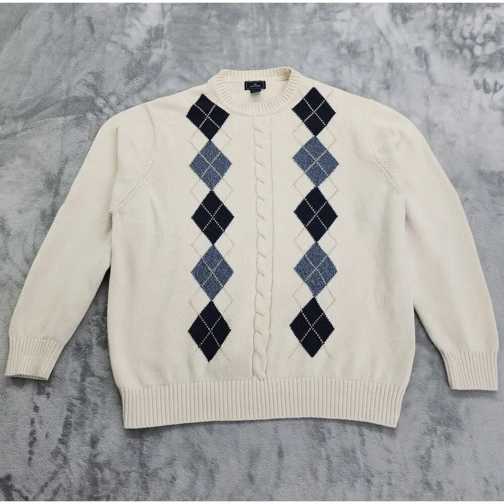 Vintage 90s Dockers Sweater Mens‎ XXL Cream Argyle Knit Crew Neck Long Sleeves